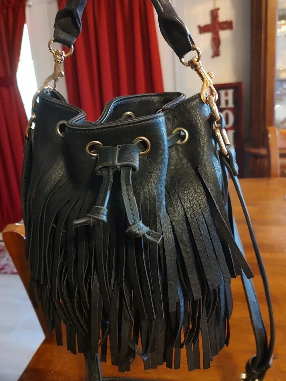Black Fringe Bucket Crossbody Bag - Unbranded